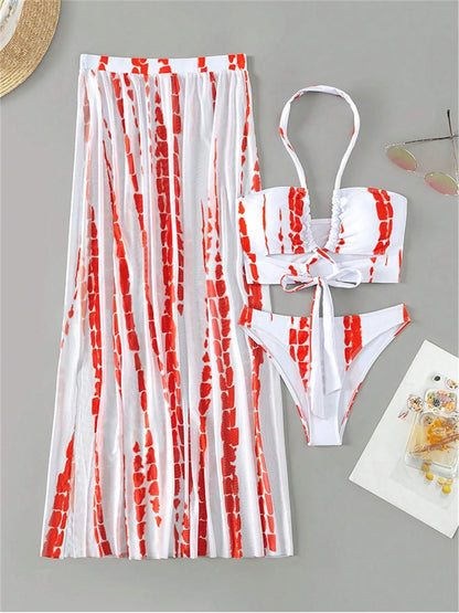 3 Pieces Tie Dye Cross Bikini 2023 Women Sexy Halter Swimsuit & Cover Up Pants Swimwear Bathers Bathing Swimming Suit Beachwear