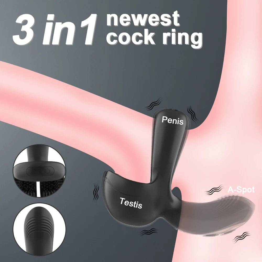 Penis Vibrator for Men Remote Control Cock Ring Ejaculation Delay Testicles Perineum Stimulator Sex Toy for Couples Game