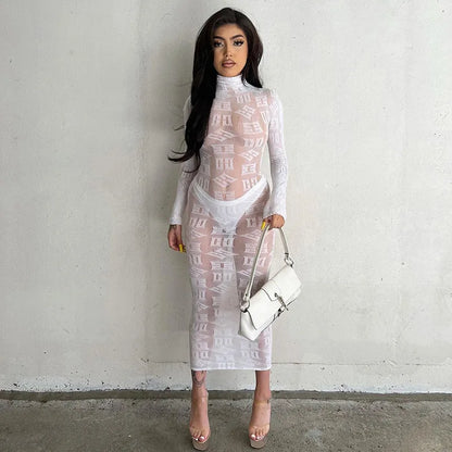 Sexy See Through Bodycon Women Dress Long Sleeve Letter Printed Spring Clothing Night Club Party Knitted Female Dress Vestidos