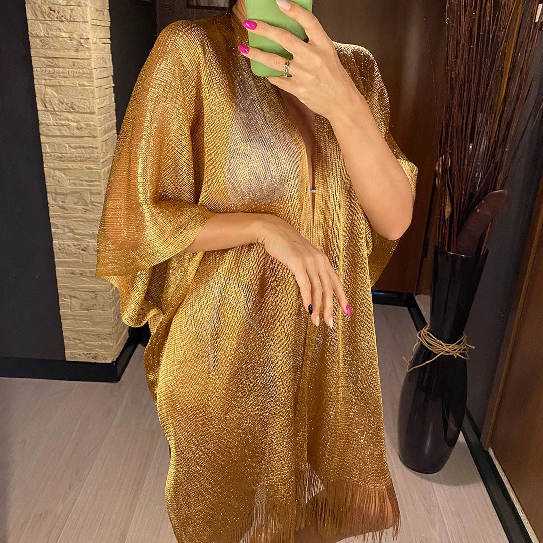 Tassel Gold Bikini Cover Up Sexy Beach Dress Tunics for Women Beachwear 2024 Summer cover-ups kaftan Evening Dress Shawls