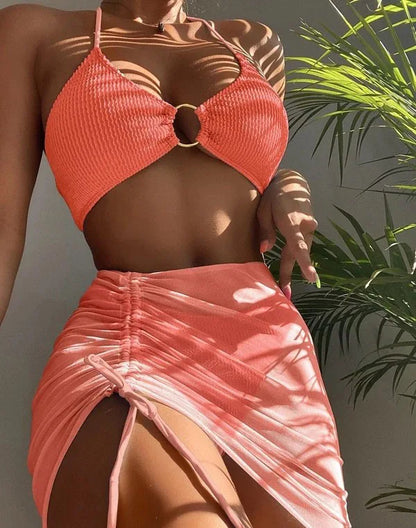 New High Elastic Bikini Set for 2024 Summer Three-piece Solid Color Lace-up Sexy Women Swimsuit Beach Bathing Suit Swimwear