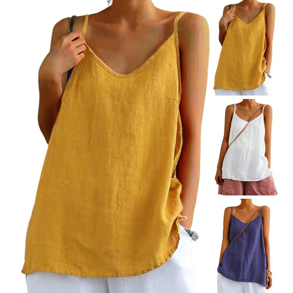 Women's Summer Top Cotton Linen Spaghetti Strap Top V-neck Sleeveless Loose Women Vest Sexy Sling Blouse Top Female Clothing