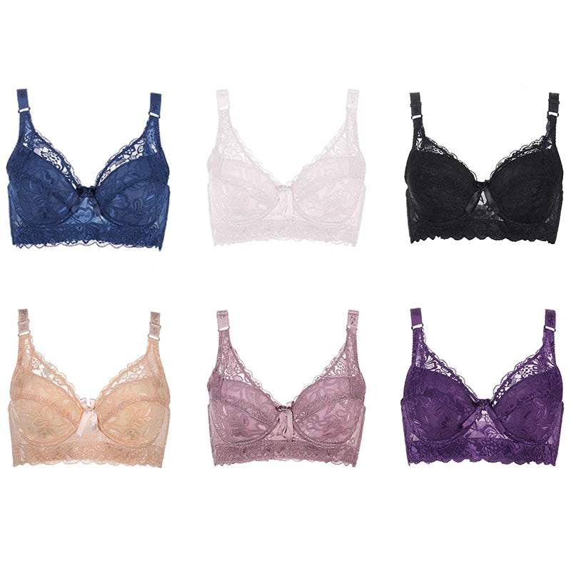 Plus Size Lace Bras for Women's Bralette Crop Top Underwear Female Sexy Lingerie Wide Shoulder Straps Underwired Push Up Bra