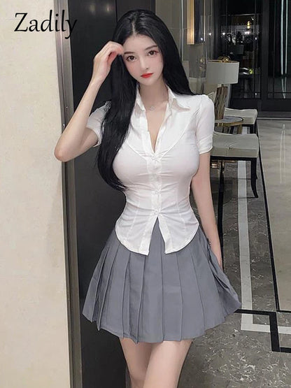 Zadily 2023 Summer Korean Style Short Sleeve Slim White Shirt Women Sexy Office Waist Tight Ladies Blouse New In Clothing Tops