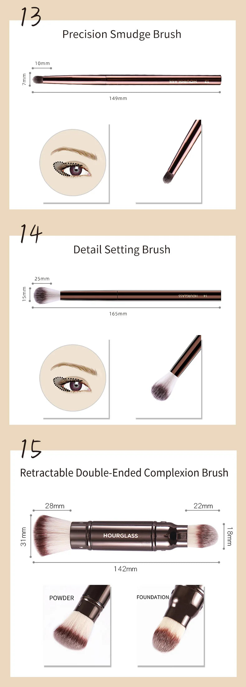 Hourglass Makeup Brush All Kinds Eyeshadow Foundation Concealer Powder Bronzer Blusher Eyeliner Retractable Professional Brushes