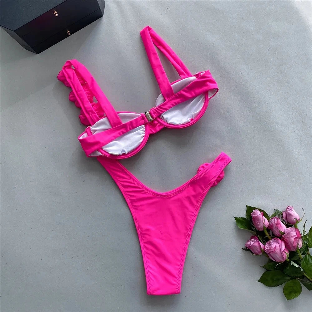 Sexy Flower Shiny Pink Push Up Bikini 2024 Women Swimwear Underwired Swimsuit High Cut Bathing Suit Wrinkled Bikinis Set Biquini