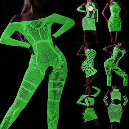 Sexy Luminous Bodysuit See Through Hollow Out Net Clothing Sexy Lingerie Mesh Sex Costumes For Mesh Dress Underwear