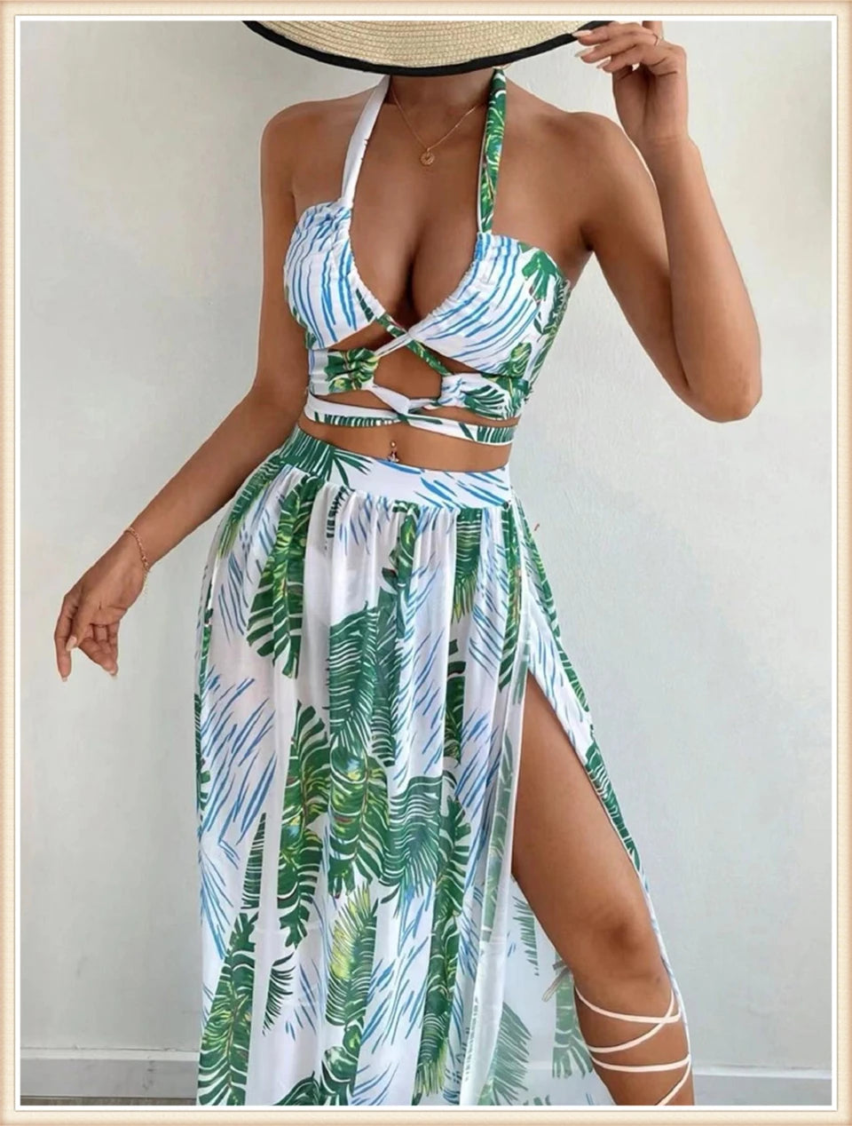 3 Pieces Tie Dye Cross Bikini 2023 Women Sexy Halter Swimsuit & Cover Up Pants Swimwear Bathers Bathing Swimming Suit Beachwear