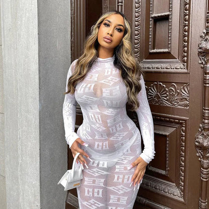 Sexy See Through Bodycon Women Dress Long Sleeve Letter Printed Spring Clothing Night Club Party Knitted Female Dress Vestidos