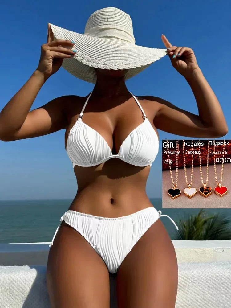 2024 Sexy Bikini Women Solid Lace Up Backless Padded Micro Swimsuit Push Up Beach Bathing Suit White Tie Side Thong Swimwear