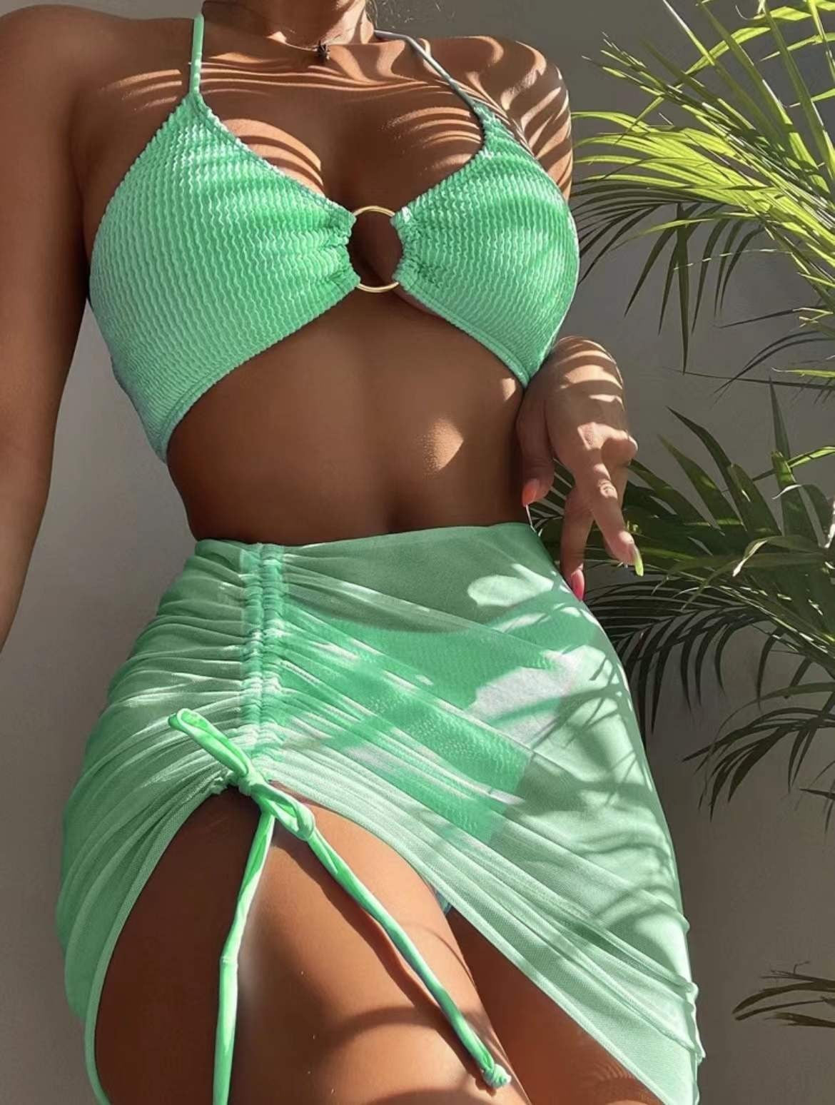 New High Elastic Bikini Set for 2024 Summer Three-piece Solid Color Lace-up Sexy Women Swimsuit Beach Bathing Suit Swimwear