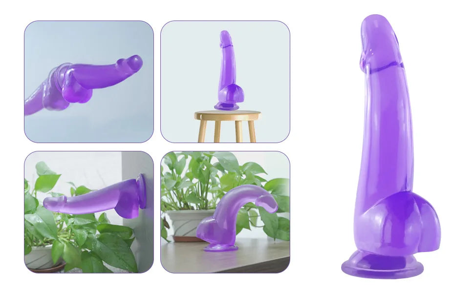 Purple Realistic Dildo Pink Crystal Penis Artificial Soft Smooth Dildo Anal Strap-on Stick with Balls Sex Toy for Women Adult18+