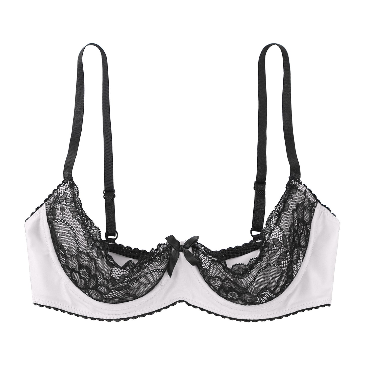 Womens Sexy Lingerie Open Chest Bra Adjustable Spaghetti Straps Underwire Half Cup Bow Lace Push Up Balconette Bra Underwear