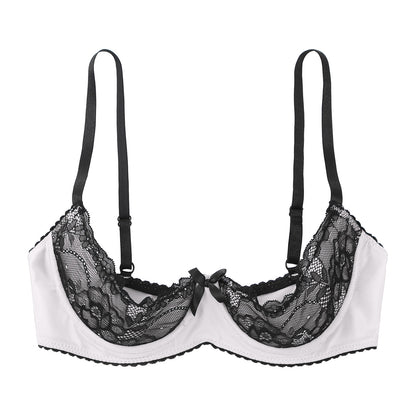 Womens Sexy Lingerie Open Chest Bra Adjustable Spaghetti Straps Underwire Half Cup Bow Lace Push Up Balconette Bra Underwear