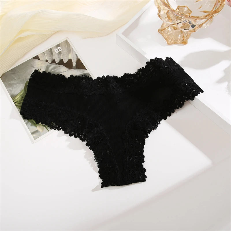 5PCS Women Cotton Brazilian Panties Lace Sexy Girls Underwear Low Waist Solid Color Briefs Female Breathable G-String Lingerie