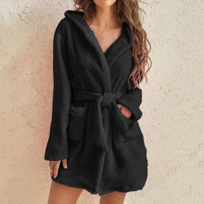 Winter Women'S Solid Color Simple Warm Fluffy Bathrobe Thickened Hooded Plush Pajamas Home Casual Long Jackets Bathroom Supplies