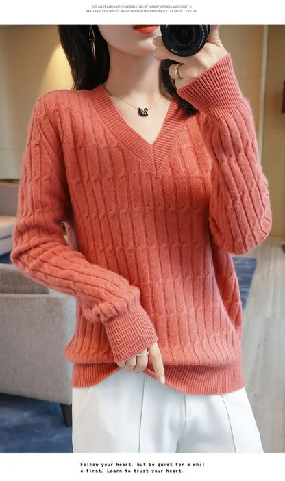 Autumn Winter Temperament Female Solid Color Knitted Tops 2023 Fashion V-Neck All-match Long Sleeve Sweaters Women's Clothing