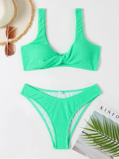 2023 New Sexy Solid Ribbed Bikini Cross Swimwear Women Swimsuit Female Low Waist Bathing Suit Two Pieces Beachwear Swimming Suit