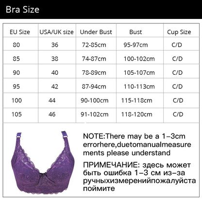 Plus Size Lace Bras for Women's Bralette Crop Top Underwear Female Sexy Lingerie Wide Shoulder Straps Underwired Push Up Bra