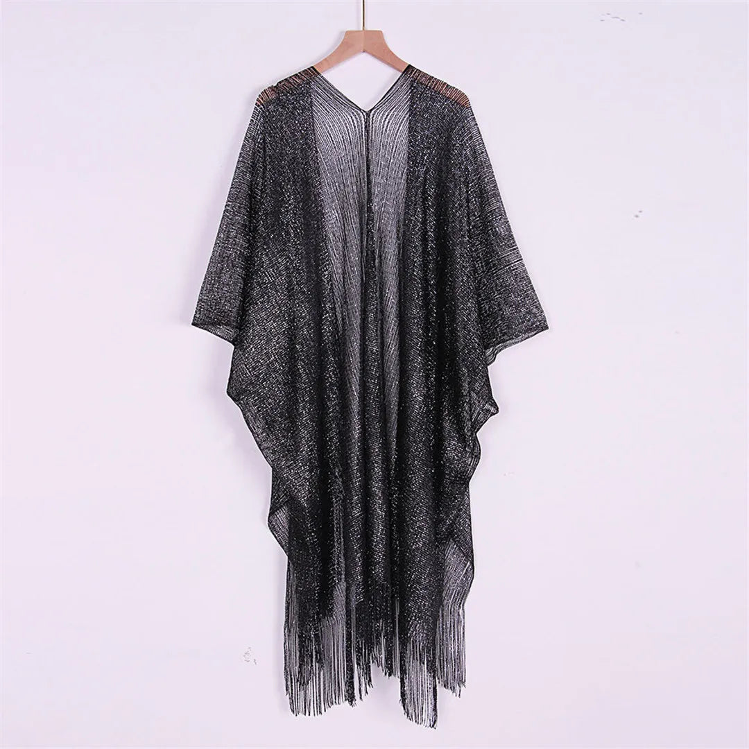 Tassel Gold Bikini Cover Up Sexy Beach Dress Tunics for Women Beachwear 2024 Summer cover-ups kaftan Evening Dress Shawls