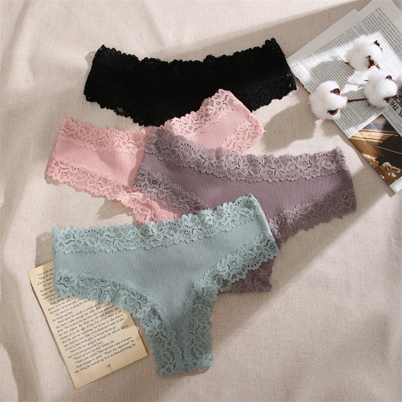 5PCS Women Cotton Brazilian Panties Lace Sexy Girls Underwear Low Waist Solid Color Briefs Female Breathable G-String Lingerie