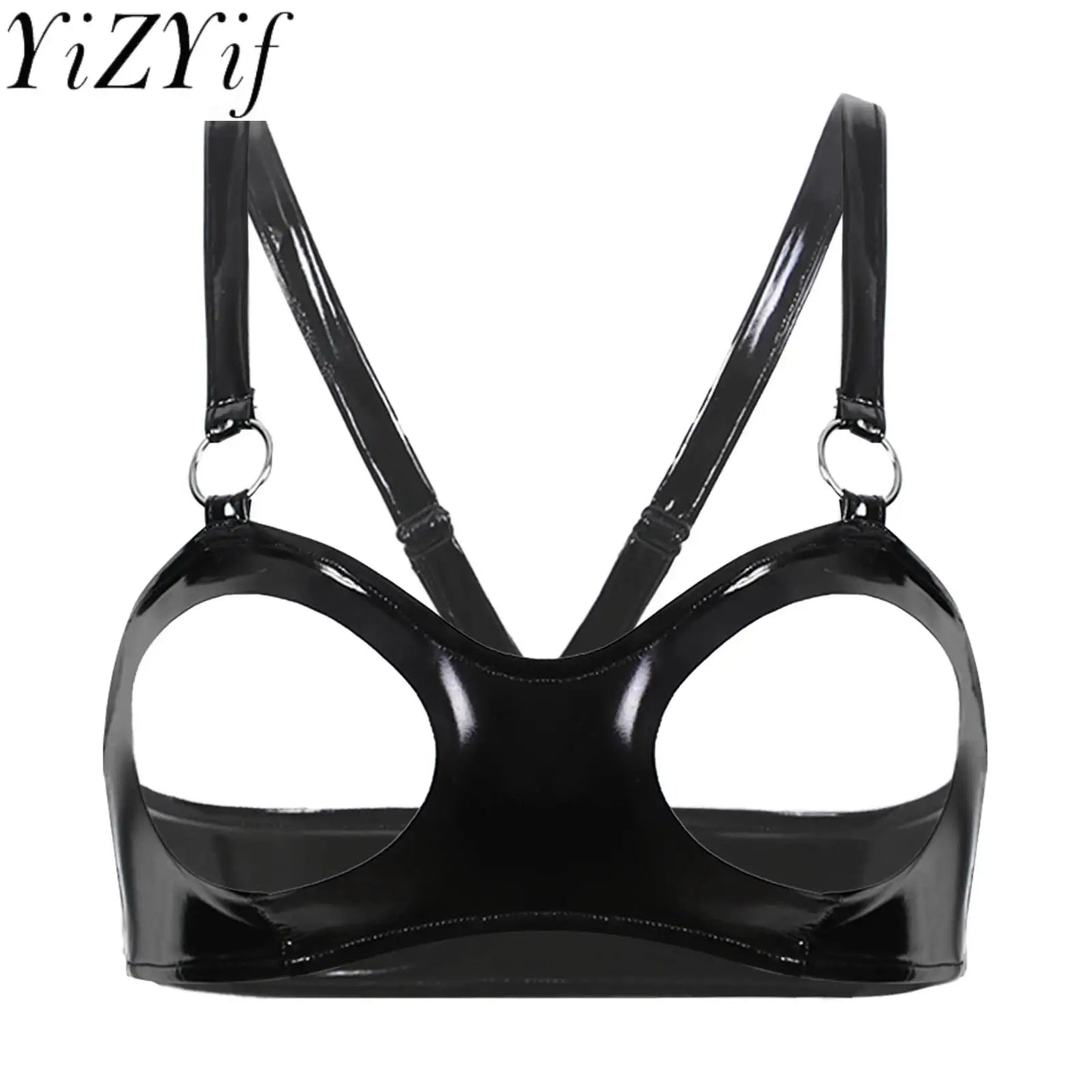 Sexy Open Cup Bra Tops Womens Wet Look Patent Leather Cupless Exposed Breasts Bra Lingerie Exotic Halterneck Latex Clubwear