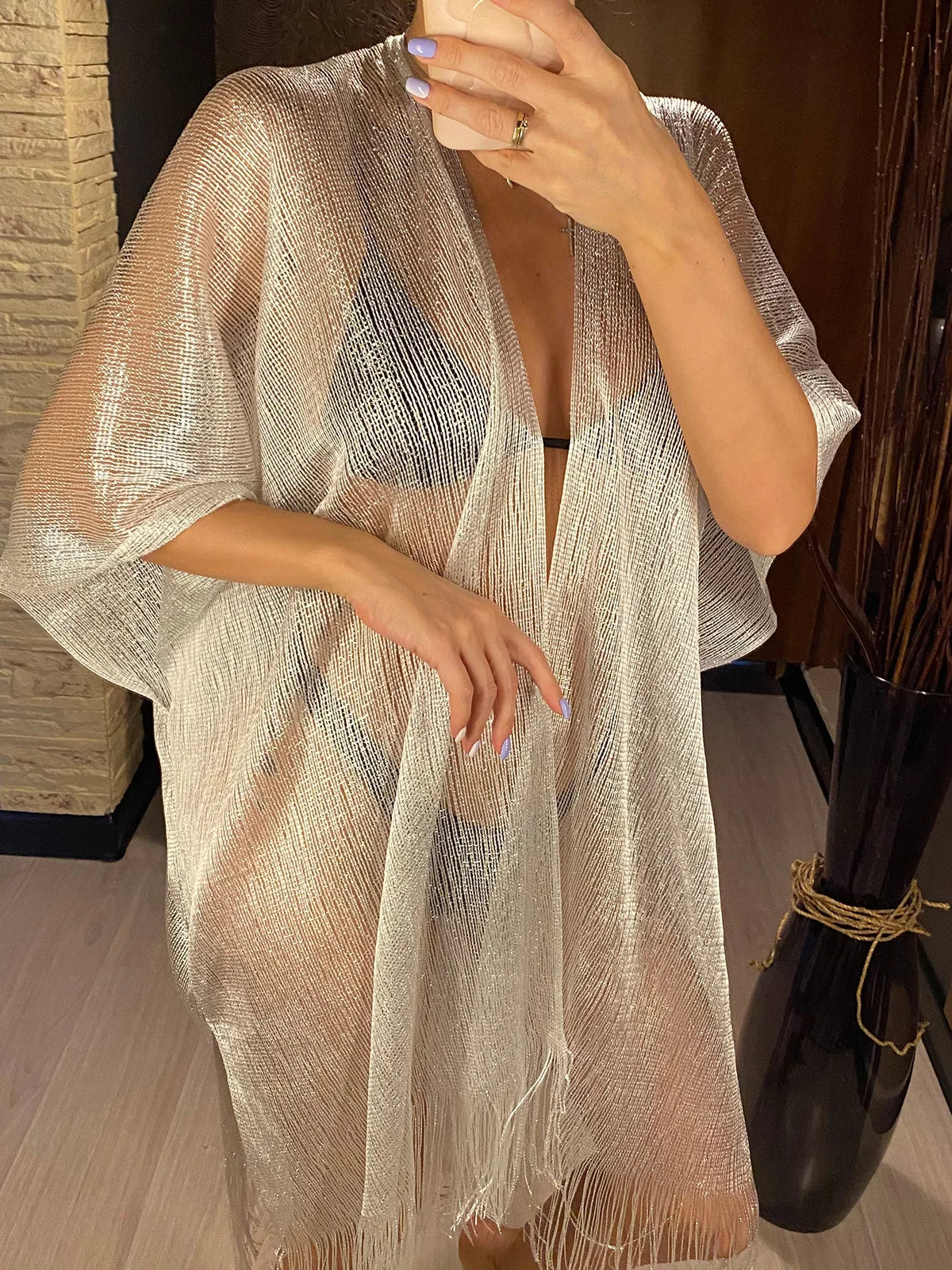 Tassel Gold Bikini Cover Up Sexy Beach Dress Tunics for Women Beachwear 2024 Summer cover-ups kaftan Evening Dress Shawls