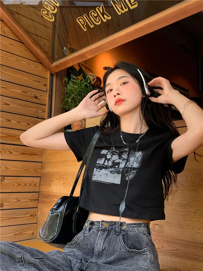 T-Shirts Women Crop Tops Y2k Summer Cotton Streetwear Grunge Graphic Harajuku Korean Fashion Short Sleeve Sexy Gothic Clothing