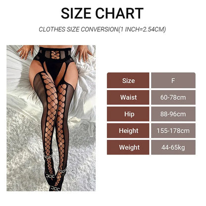 Rhinestone Body Stockings One-piece Crotchless Underwear Sex Costumes Sheer Open Hip Tights Exotic Long Socks Harness Garter