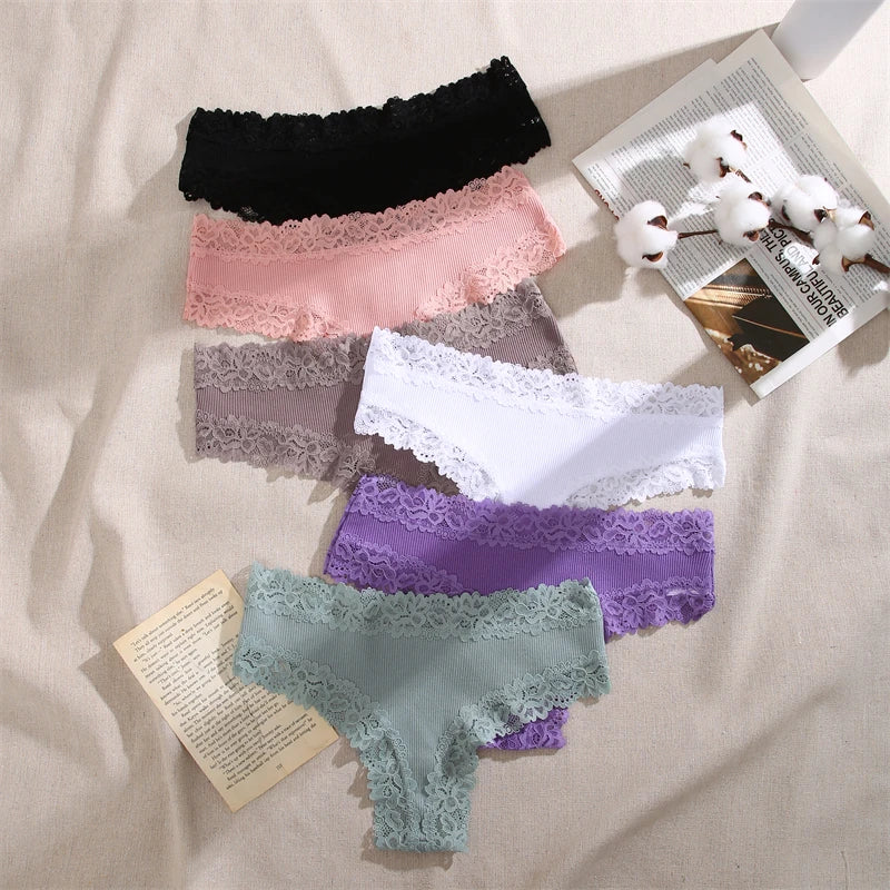 5PCS Women Cotton Brazilian Panties Lace Sexy Girls Underwear Low Waist Solid Color Briefs Female Breathable G-String Lingerie