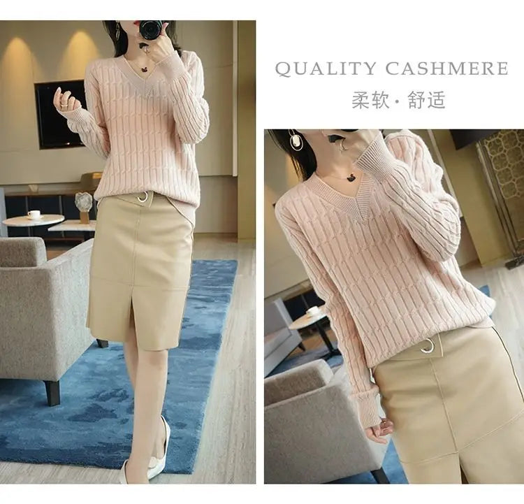 Autumn Winter Temperament Female Solid Color Knitted Tops 2023 Fashion V-Neck All-match Long Sleeve Sweaters Women's Clothing