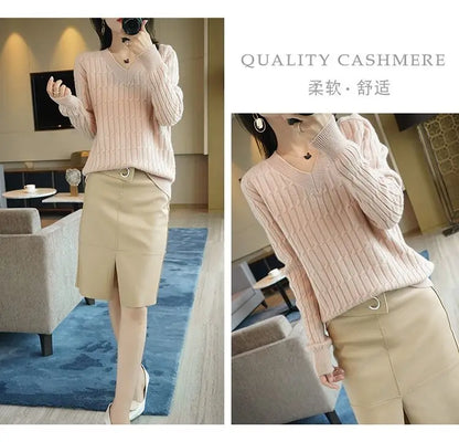 Autumn Winter Temperament Female Solid Color Knitted Tops 2023 Fashion V-Neck All-match Long Sleeve Sweaters Women's Clothing