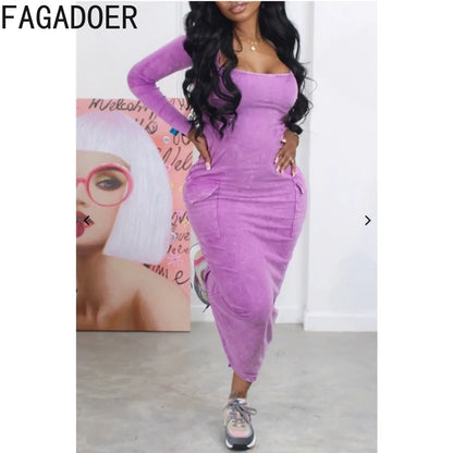 FAGADOER Sexy Round Neck Long Sleeve Bodycon Mid Dresses Women Slim Pocket Slim Slit Vestidos Female Solid Color Dress Clothing