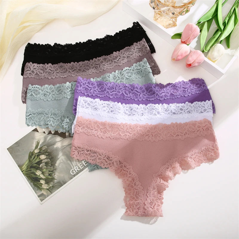 5PCS Women Cotton Brazilian Panties Lace Sexy Girls Underwear Low Waist Solid Color Briefs Female Breathable G-String Lingerie