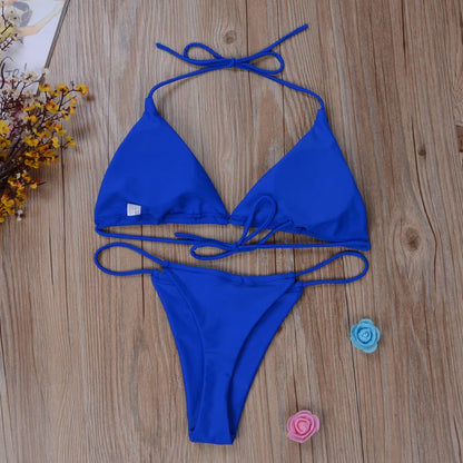 Women Thong Bikini Set Side Lace-up Sexy Swimsuit Bandage Neck Tie Swimwear Adjustable Brazilian Style Bikini Underwear