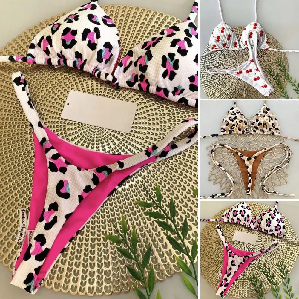 Lace-up Bikini Leopard Print Halter Bikini Set Cherry Print Thong Swimsuit Sexy High Waist Lace-up Bathing Suit for Women