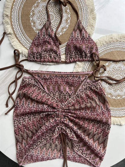 Women Swimsuit Colored Maple Leaves Knitted Bikini Skirt Three-Piece Set Split Swimsuit Bikini