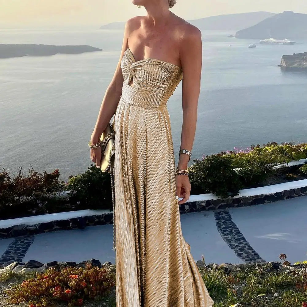 Women Maxi Sexy Dress Bronzing Backless Large Hem Maxi Dress Knot Chest Wrapping Off Shoulder Gown Dress Female Clothing