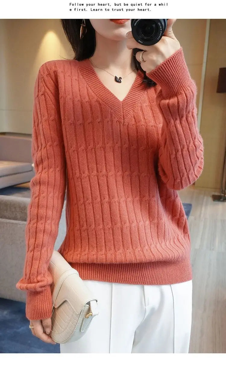 Autumn Winter Temperament Female Solid Color Knitted Tops 2023 Fashion V-Neck All-match Long Sleeve Sweaters Women's Clothing