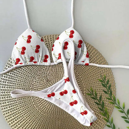 Lace-up Bikini Leopard Print Halter Bikini Set Cherry Print Thong Swimsuit Sexy High Waist Lace-up Bathing Suit for Women