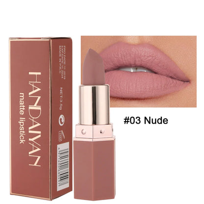 Handaiyan 6 Colors Matte Waterproof Velvet Nude Lipstick Sexy Red Brown Pigments Makeup Long Lasting Profissional