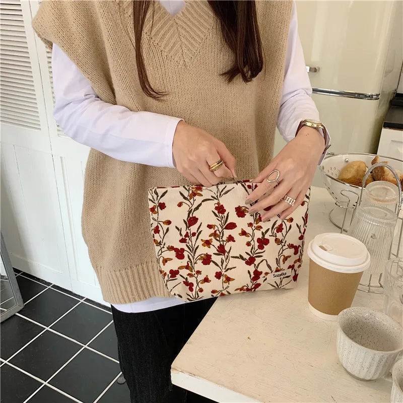 Corduroy Embroidery Cosmetic Bag Clutch Bag Large Makeup Organizer Bags Korean Cosmetic Pouch Women Cute Toiletry Beauty Case