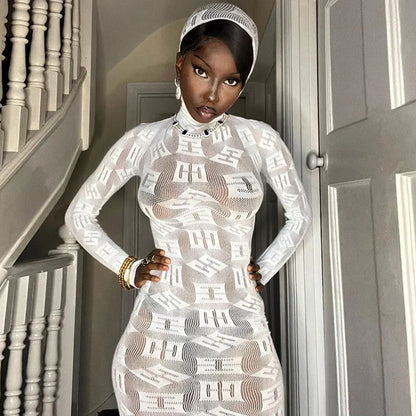 Sexy See Through Bodycon Women Dress Long Sleeve Letter Printed Spring Clothing Night Club Party Knitted Female Dress Vestidos