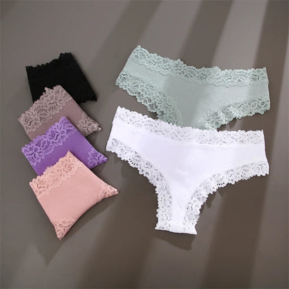 5PCS Women Cotton Brazilian Panties Lace Sexy Girls Underwear Low Waist Solid Color Briefs Female Breathable G-String Lingerie