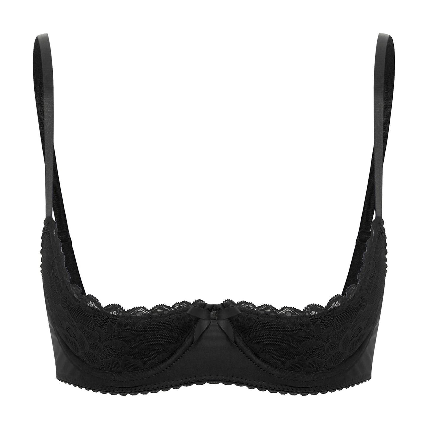 Womens Sexy Lingerie Open Chest Bra Adjustable Spaghetti Straps Underwire Half Cup Bow Lace Push Up Balconette Bra Underwear