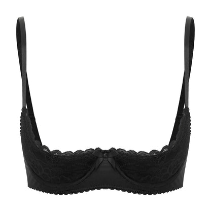 Womens Sexy Lingerie Open Chest Bra Adjustable Spaghetti Straps Underwire Half Cup Bow Lace Push Up Balconette Bra Underwear