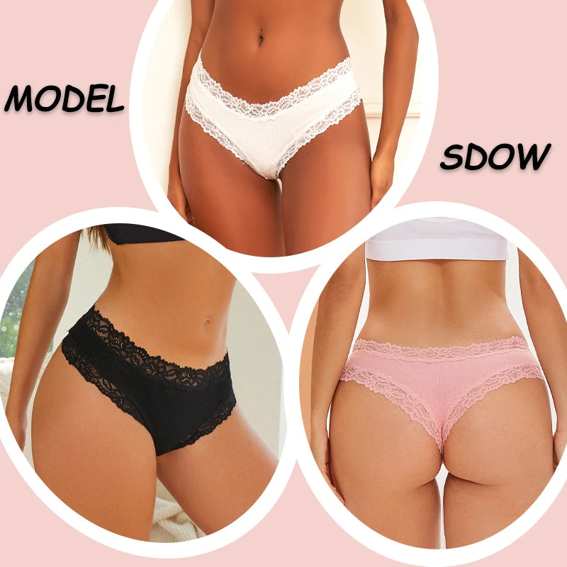 5PCS Women Cotton Brazilian Panties Lace Sexy Girls Underwear Low Waist Solid Color Briefs Female Breathable G-String Lingerie