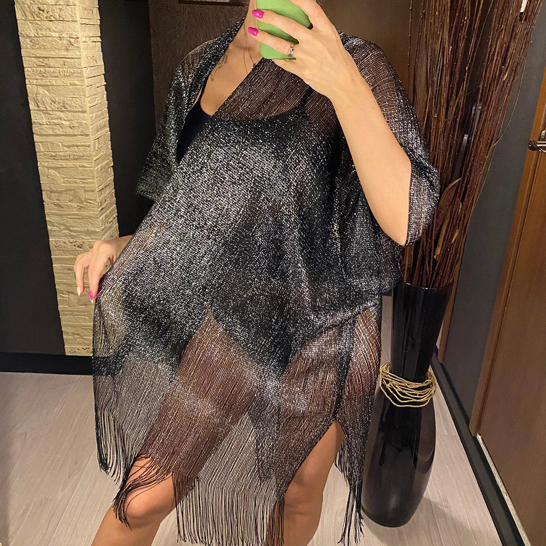 Tassel Gold Bikini Cover Up Sexy Beach Dress Tunics for Women Beachwear 2024 Summer cover-ups kaftan Evening Dress Shawls