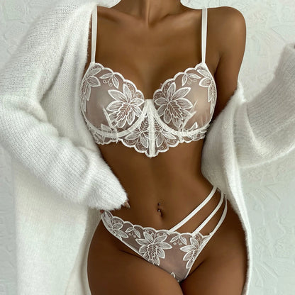 White Embroidery Bras Sets Adult Flower Bra Panty Sets G String Ultra Thin Transparent Bralette Sexy Underwear Womens