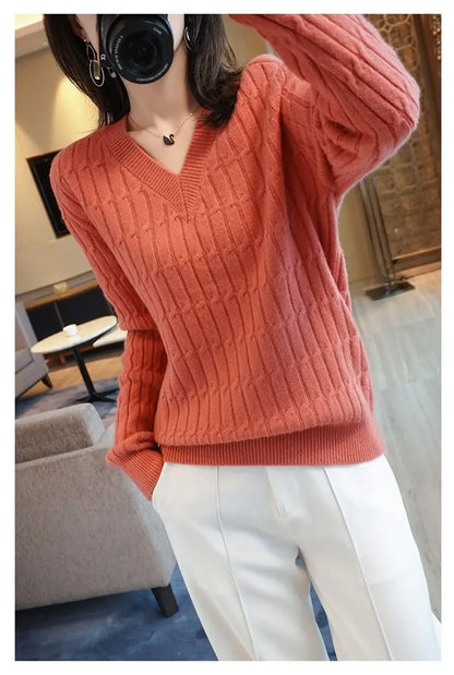 Autumn Winter Temperament Female Solid Color Knitted Tops 2023 Fashion V-Neck All-match Long Sleeve Sweaters Women's Clothing